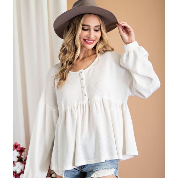 Fall Waffle Knit Top Henley Baby Doll Top Cute Tops Girly Feminine Women’s Top - Picture 4 of 5